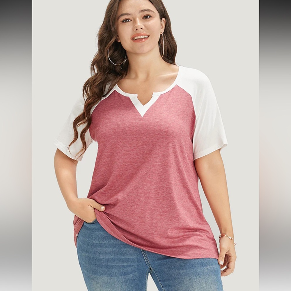 Colorblock Contrast Notched Raglan Sleeve T-Shirt